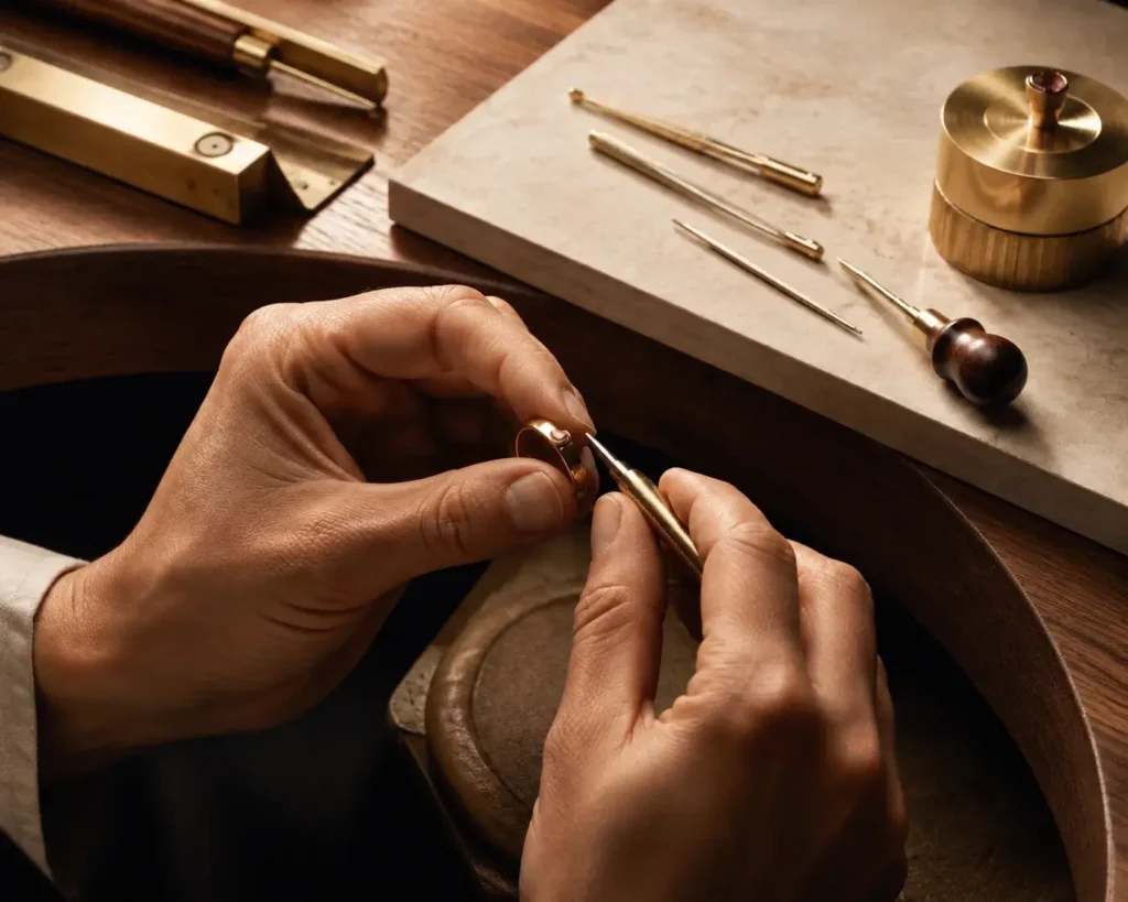 Artisan shaping a gold ring at a refined jewellery workbench