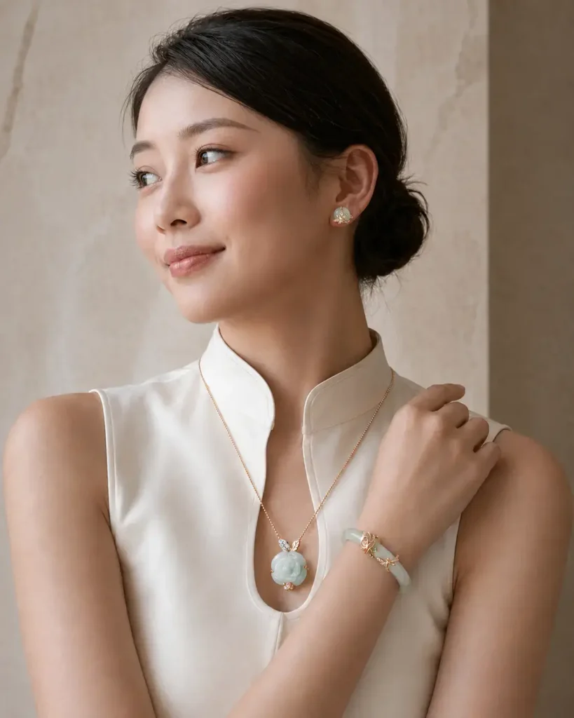 Bride styled in a modern Carat 55 Si Dian Jin jade set
